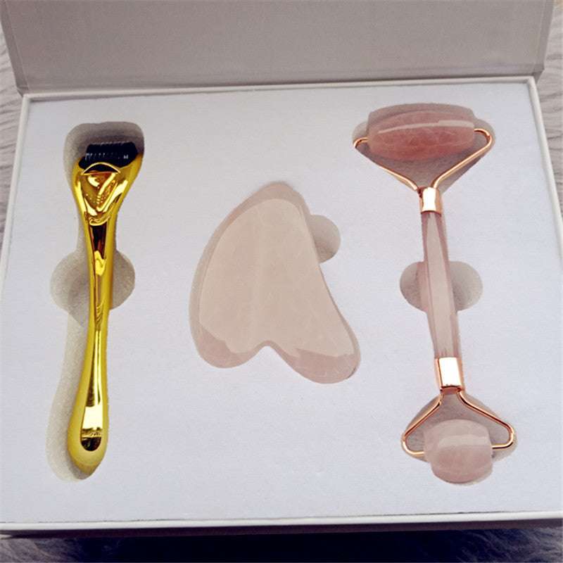 Gua Sha Roller Jade Roller and Gua Sha Set, Anti Aging Rose Quartz Face Massager for Body Muscle Relaxing Relieve Wrinkles