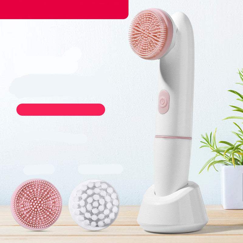 Face brush cleaning electric pores deep cleanser in pink and white, featuring silicone and PBT brush heads.