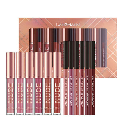 Lipstick and lip liner makeup set with 6 matte lipsticks and 6 lip liner pens, waterproof long-lasting cosmetics.