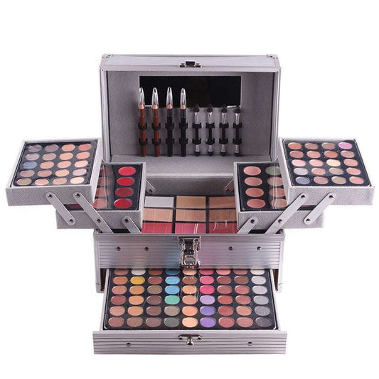 Shadow Plate Multifunctional Makeup Kit with 132 Colors in Carry Trunk, includes eye shadows, lipsticks, and contouring shades.