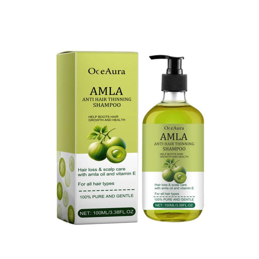 Amla Shampoo Anti Hair Thinning Shampoo bottle and packaging with Amla oil and Vitamin E for hair loss care.