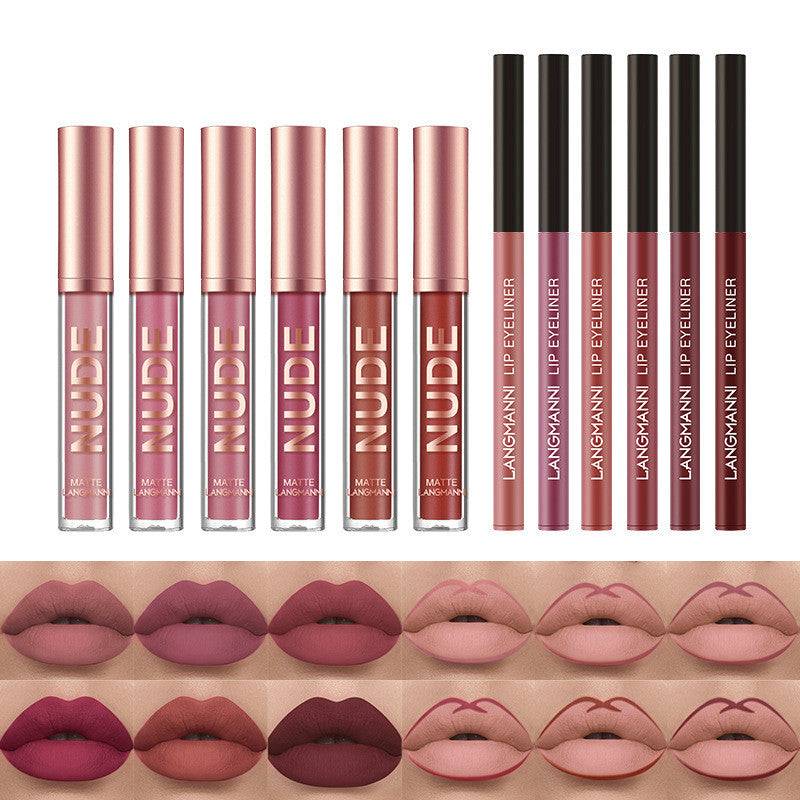 Lipstick and lip liner makeup set with 6 matte lipsticks and 6 lip liner pens, waterproof long-lasting cosmetics.