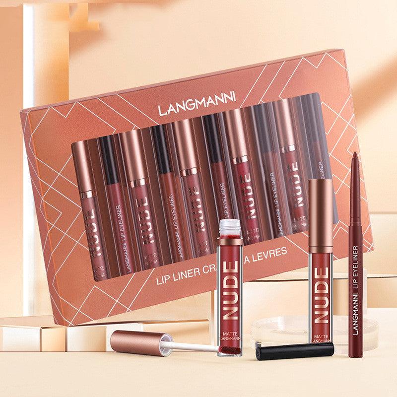 Lipstick and lip liner makeup set with 6 matte lipsticks and 6 lip liner pens, waterproof long-lasting cosmetics.